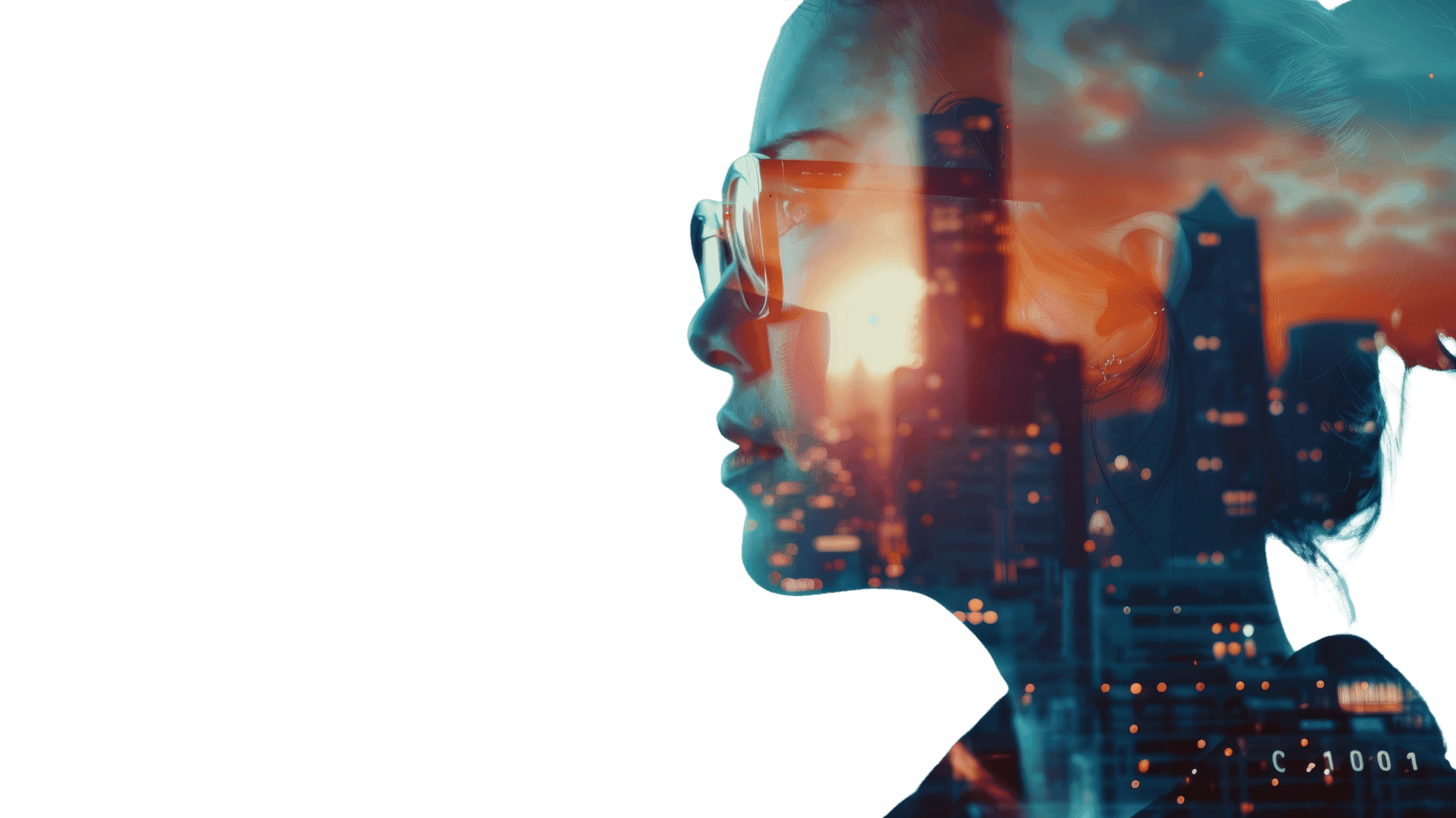 Executive in profile with a London skyline double exposure