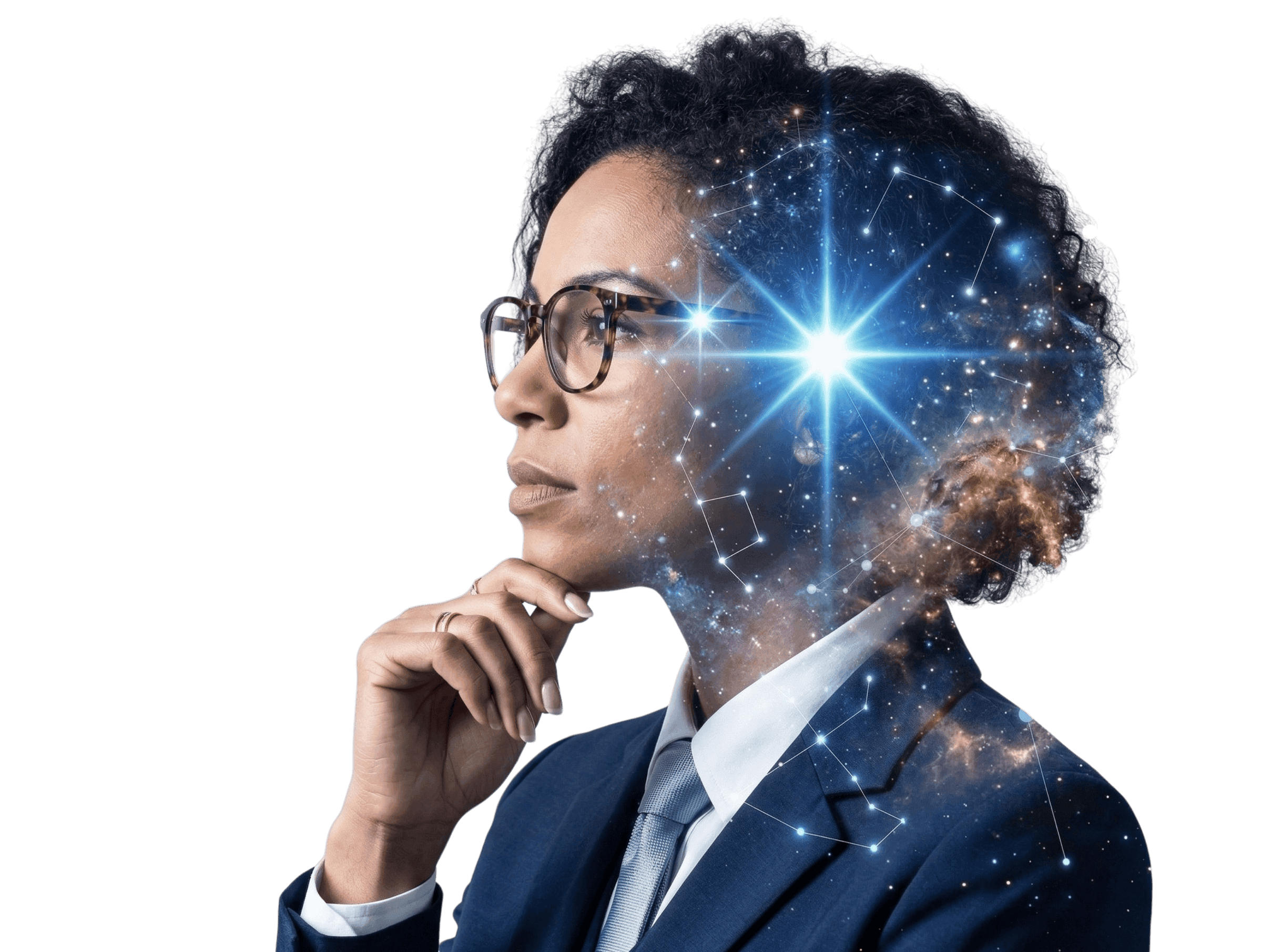 C-suite executive in profile with a starfield double exposure