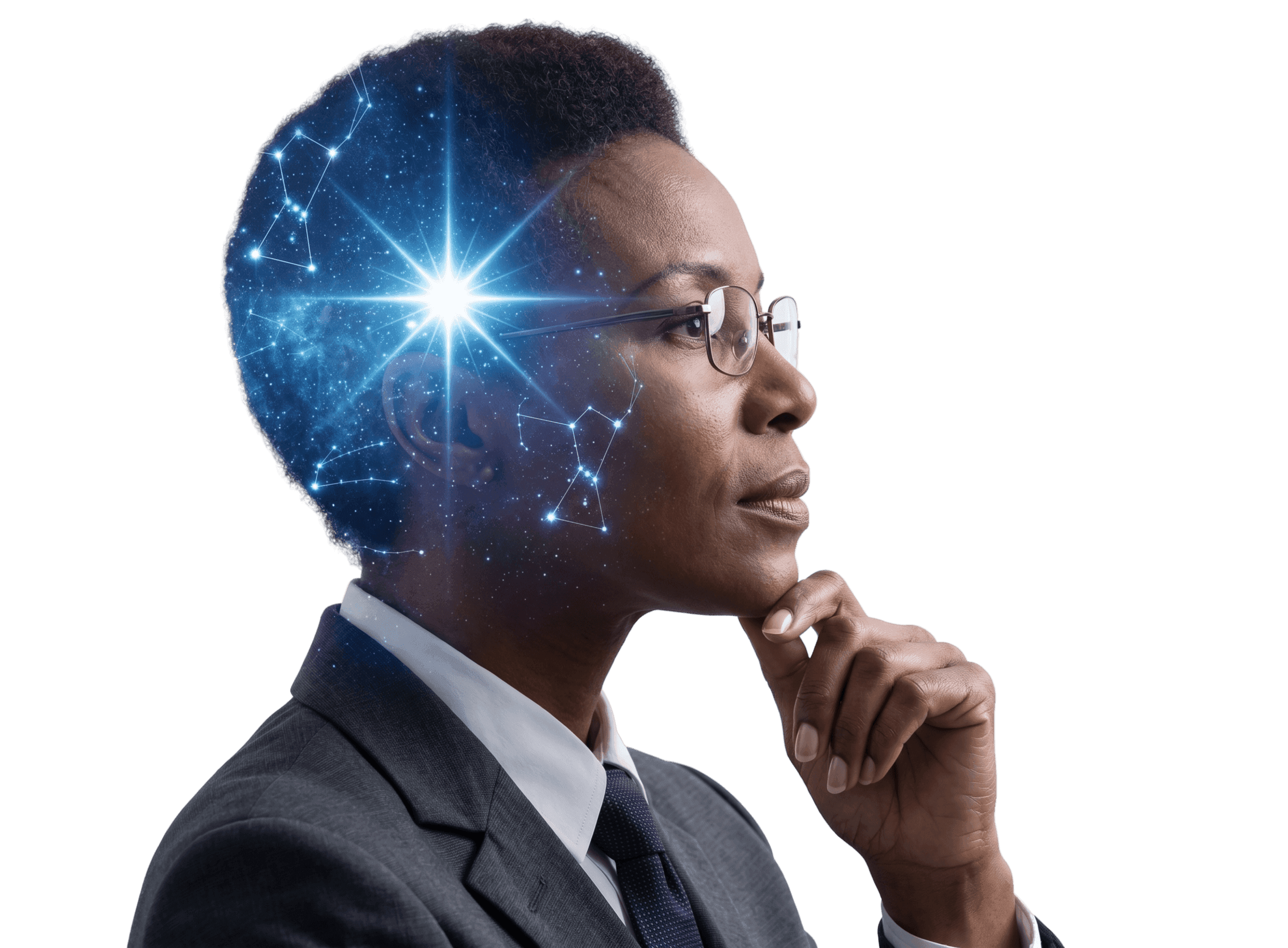 Senior leader in profile, a constellation motif radiating from her temple