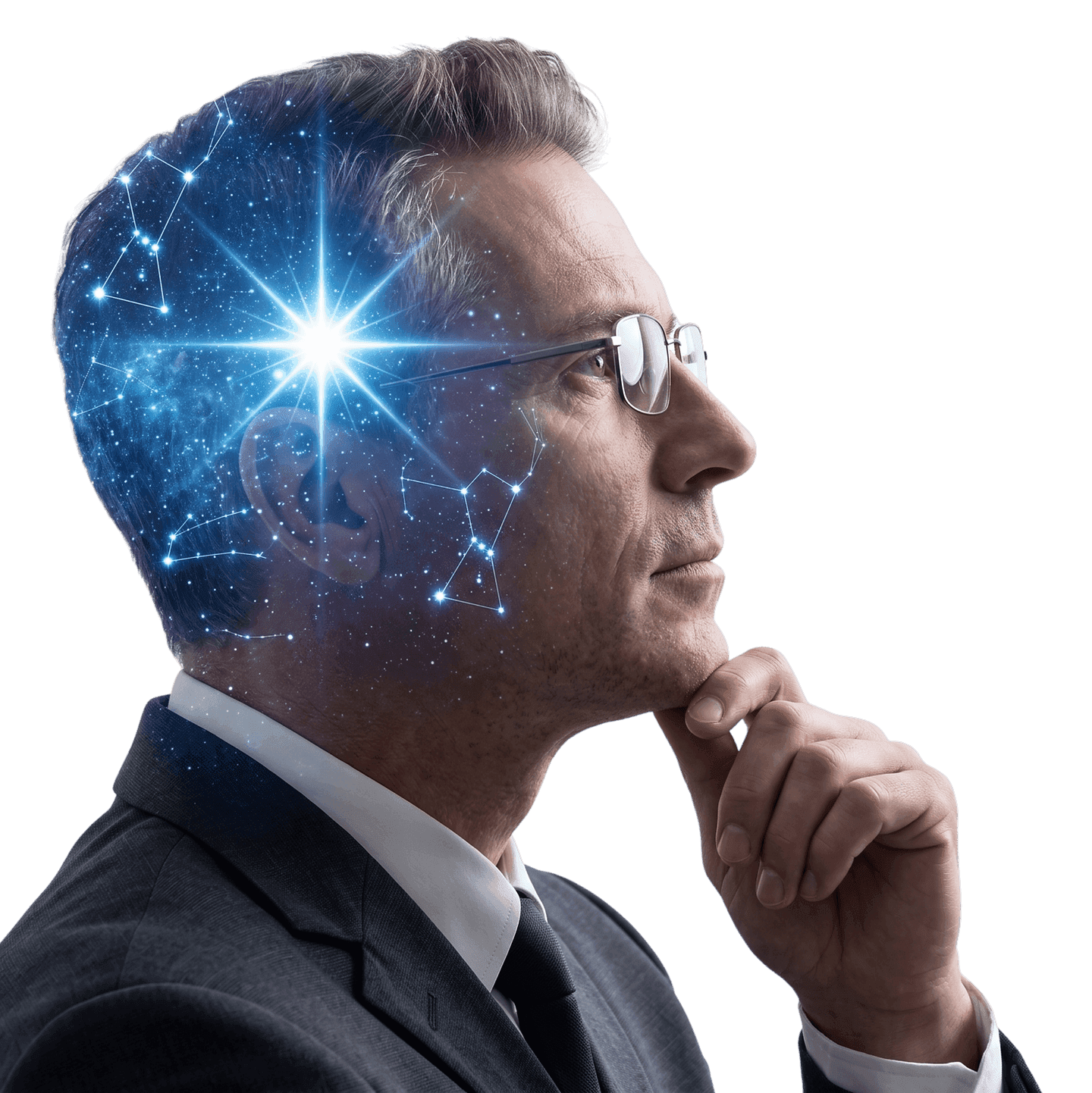 Executive in profile, the constellation motif rising from his head