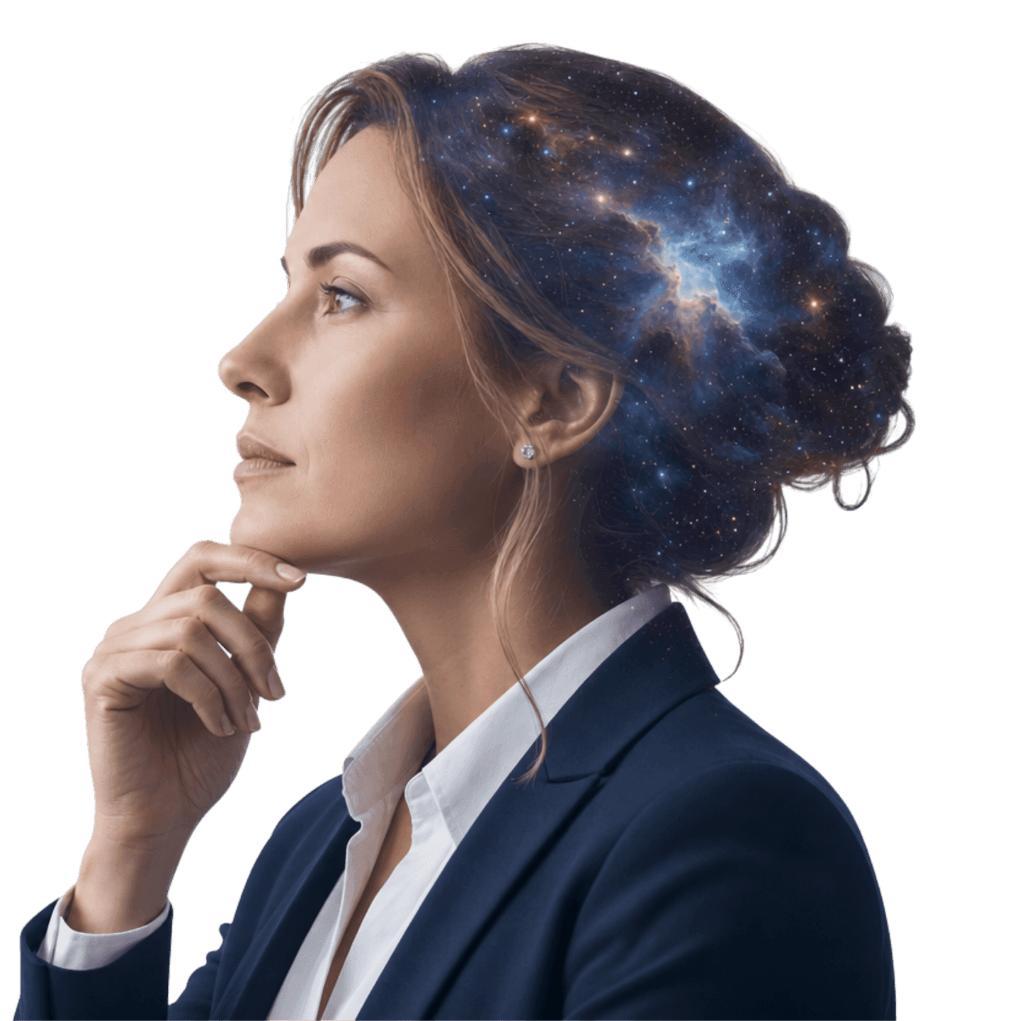 Executive in profile, a galaxy rising through her hair