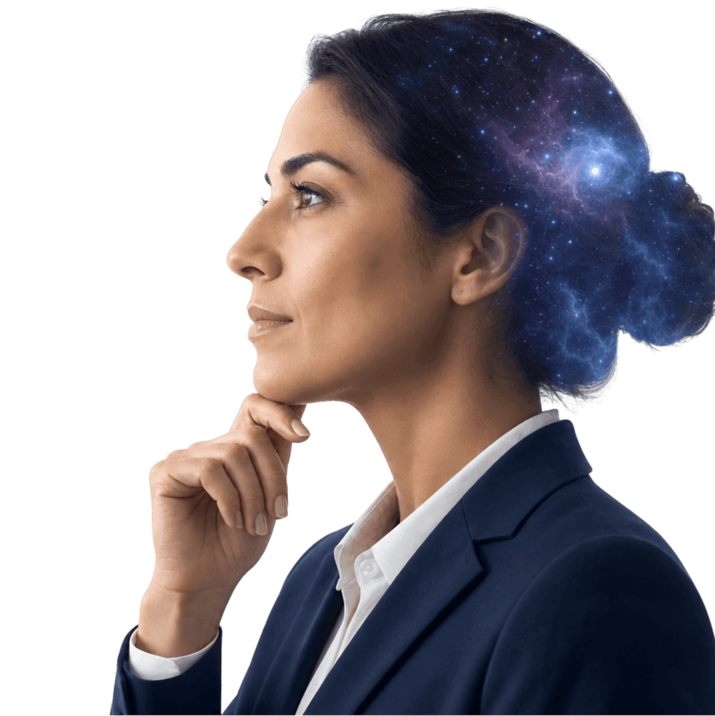 Executive in profile, a galaxy rising through her hair