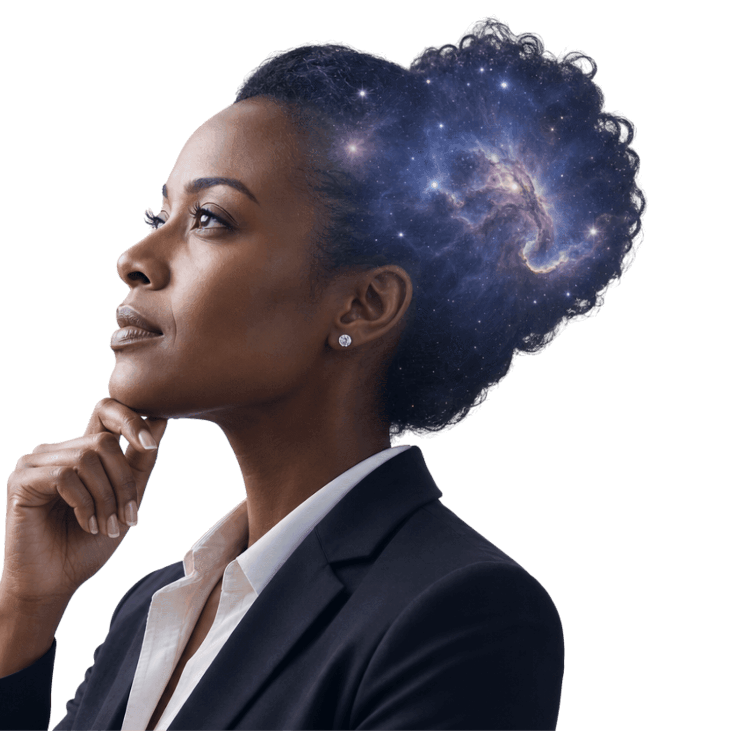 Executive in profile, a galaxy rising through her hair