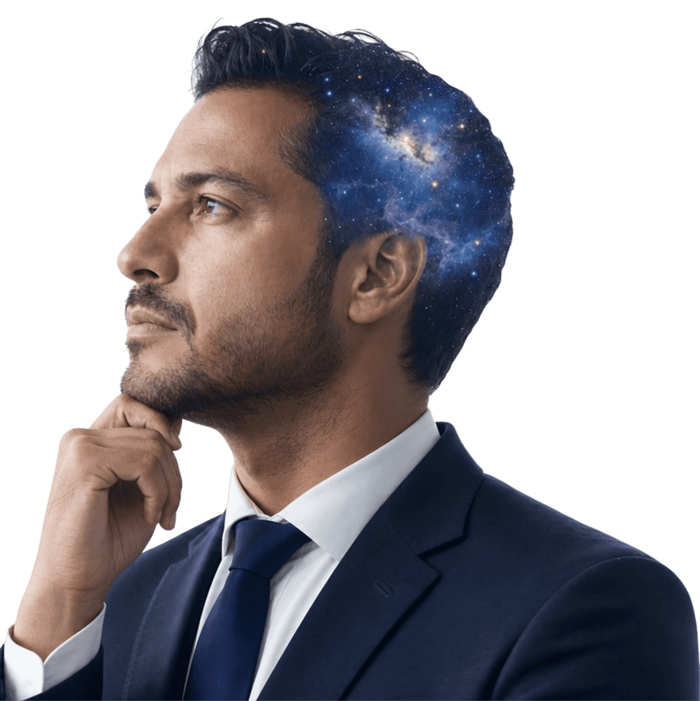 Executive in profile, a galaxy rising through her hair