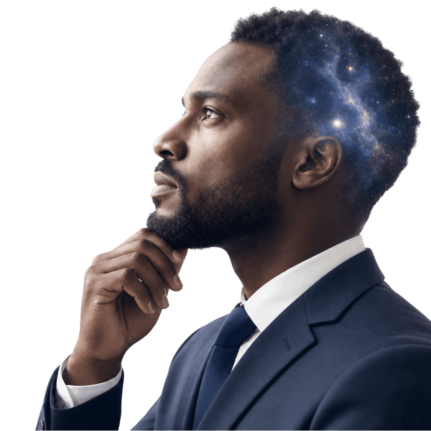 Executive in profile, a galaxy rising through her hair