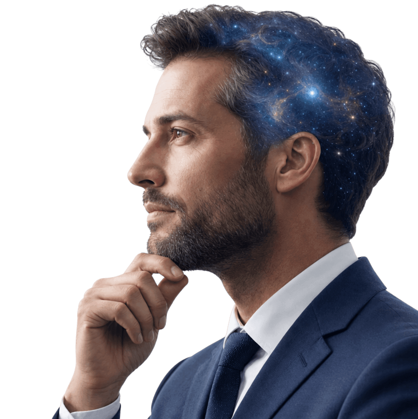 Executive in profile, a galaxy rising through her hair