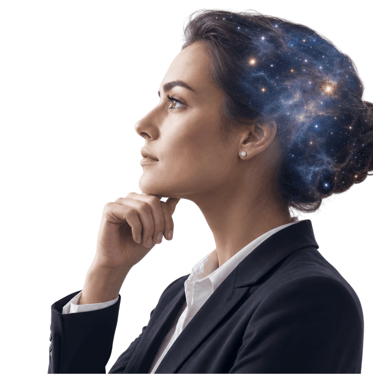 Executive in profile, a galaxy rising through her hair