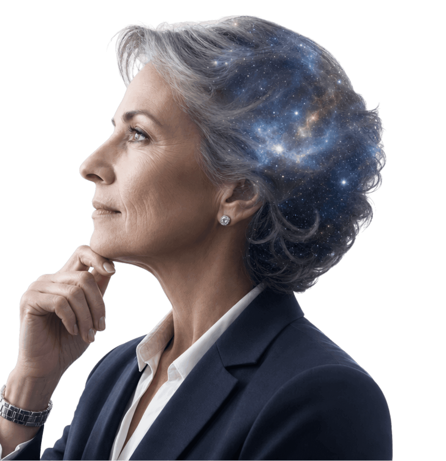 Executive in profile, a galaxy rising through her hair