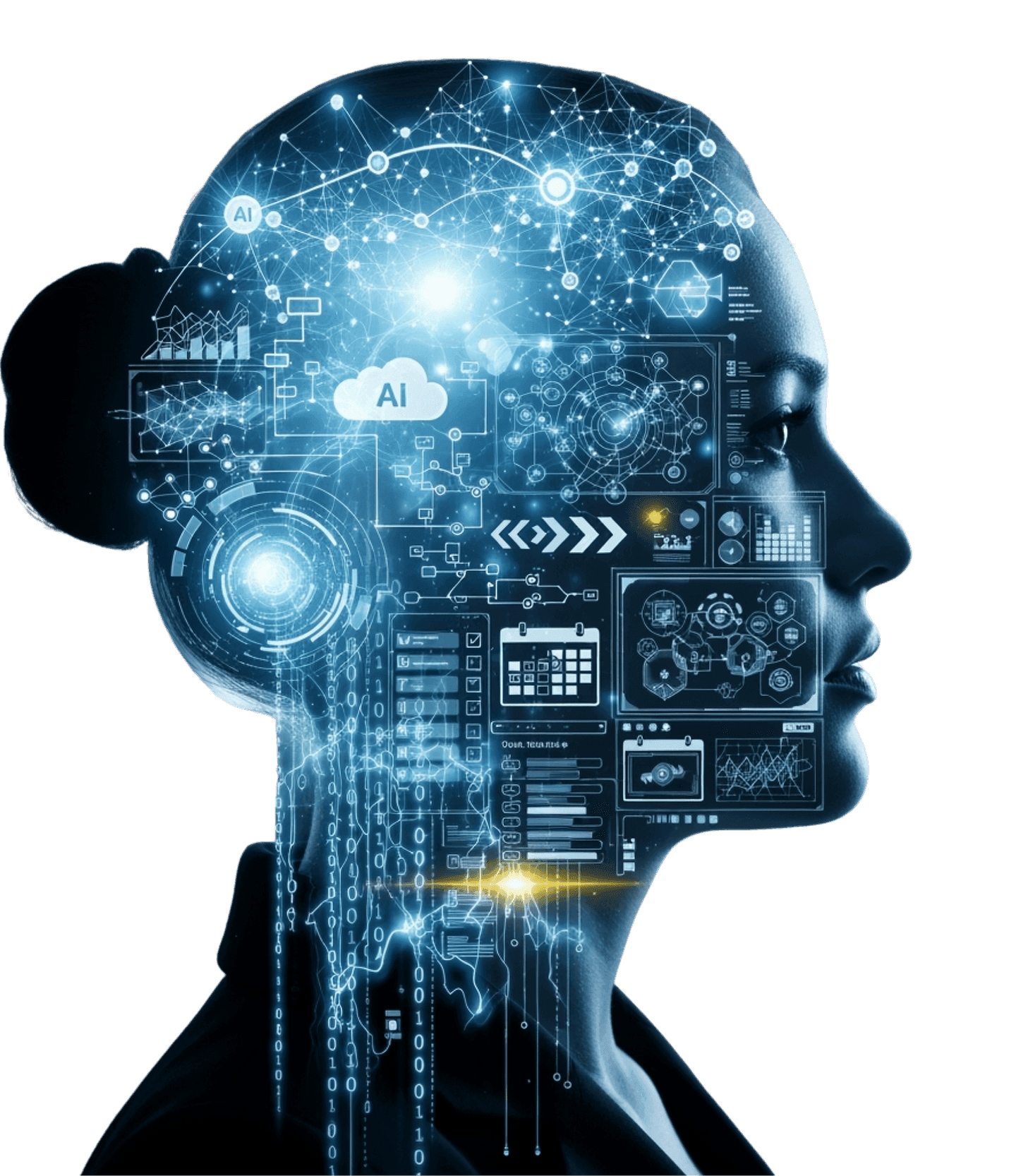 Silhouette of a head filled with an AI and data visualisation, over the London skyline