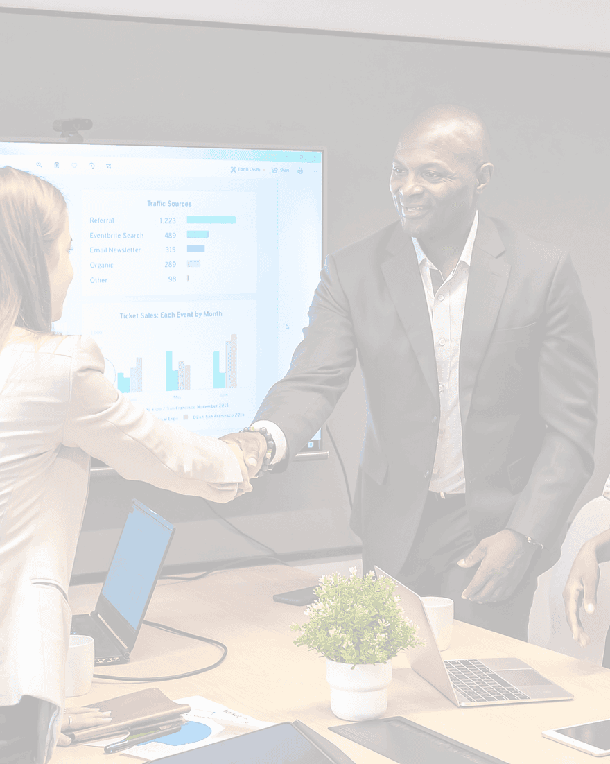 Business meeting shaking hands with a presentation on a screen, Adastrum Consulting