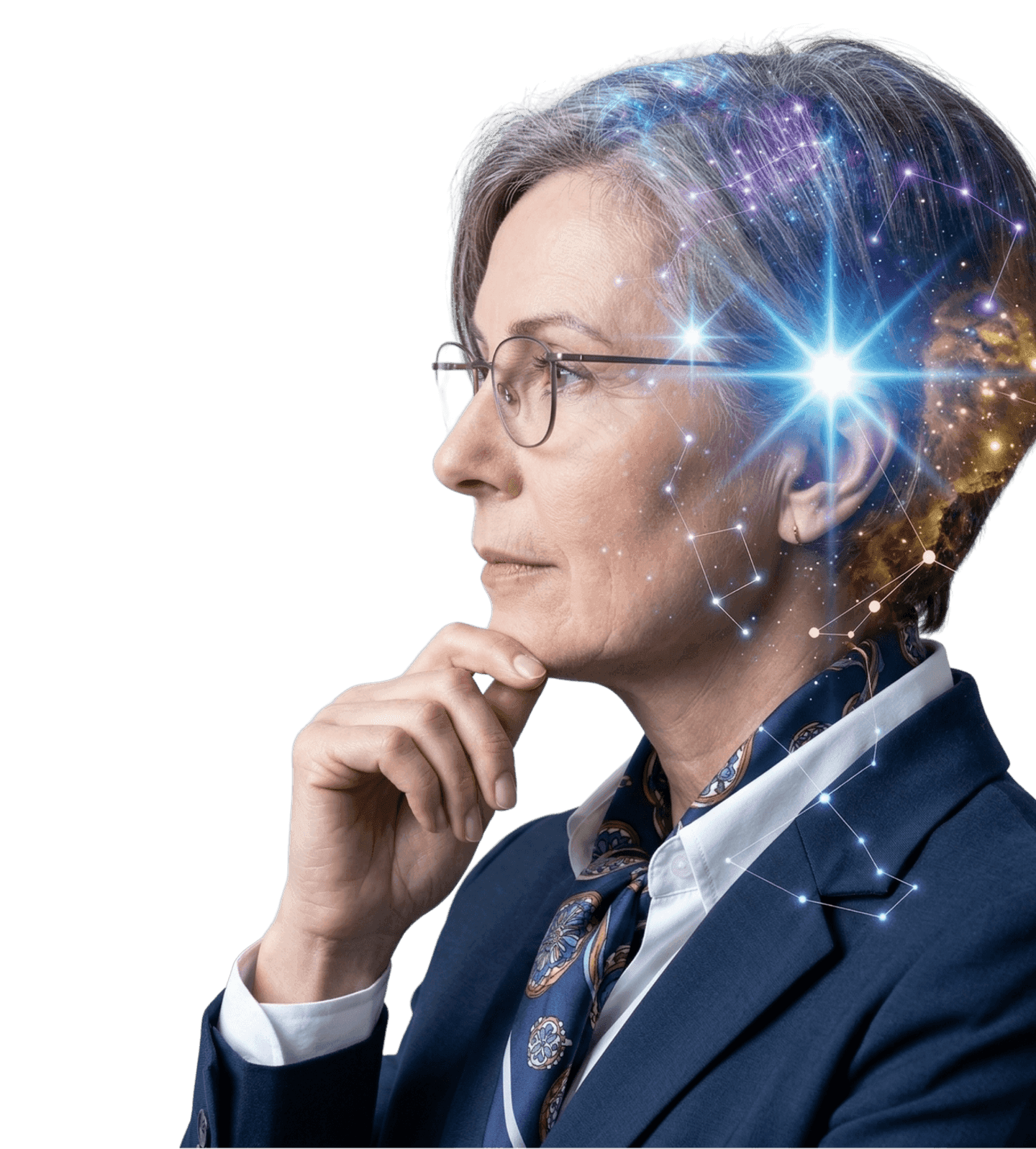 Senior executive looking out over the Thames, overlaid with a constellation motif