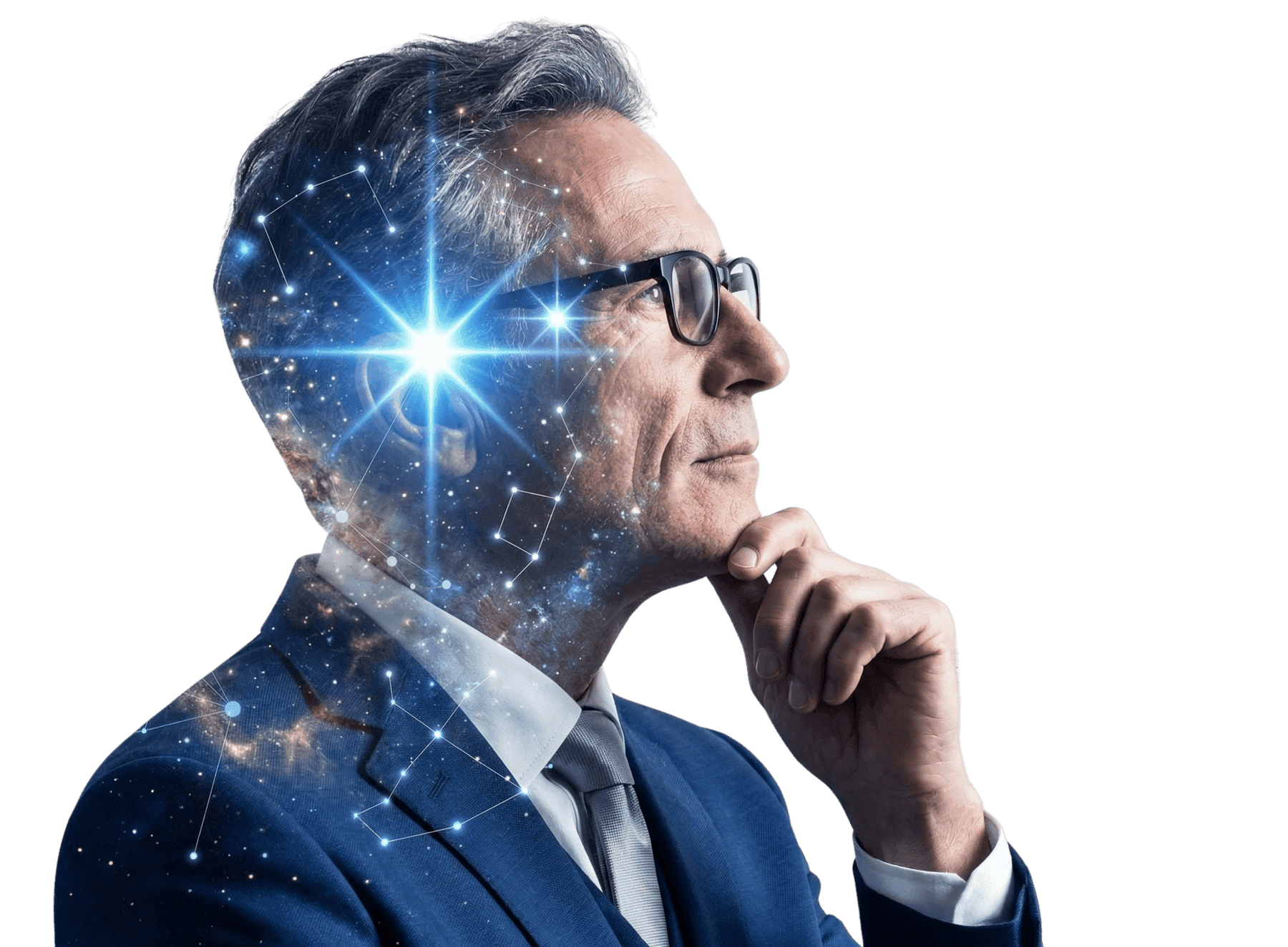 Executive looking out over the London skyline, overlaid with a constellation motif