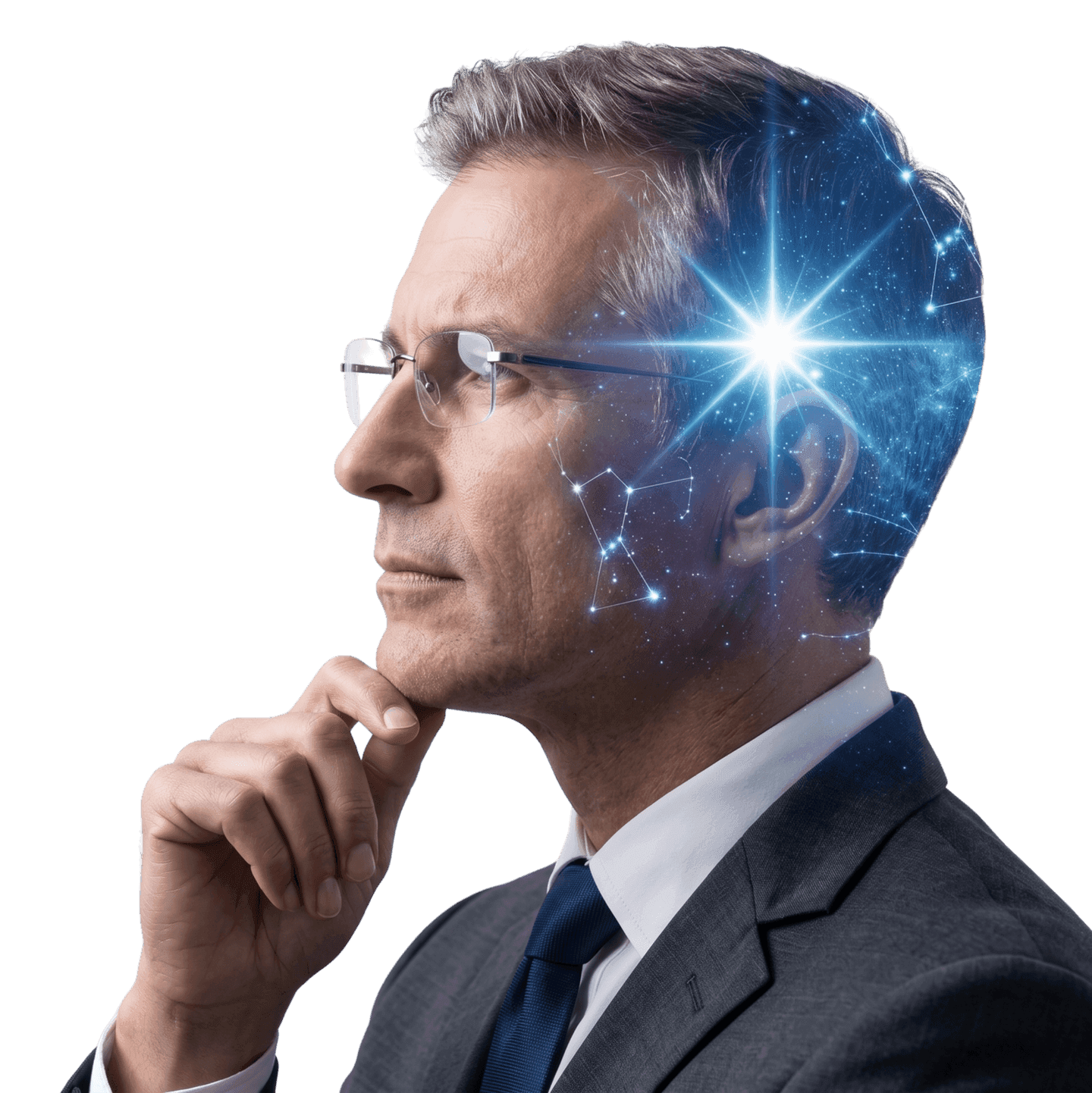 Executive in profile with a constellation of light across the side of his head