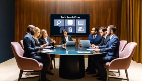 Business professionals reviewing options for choosing search firm in tech sector