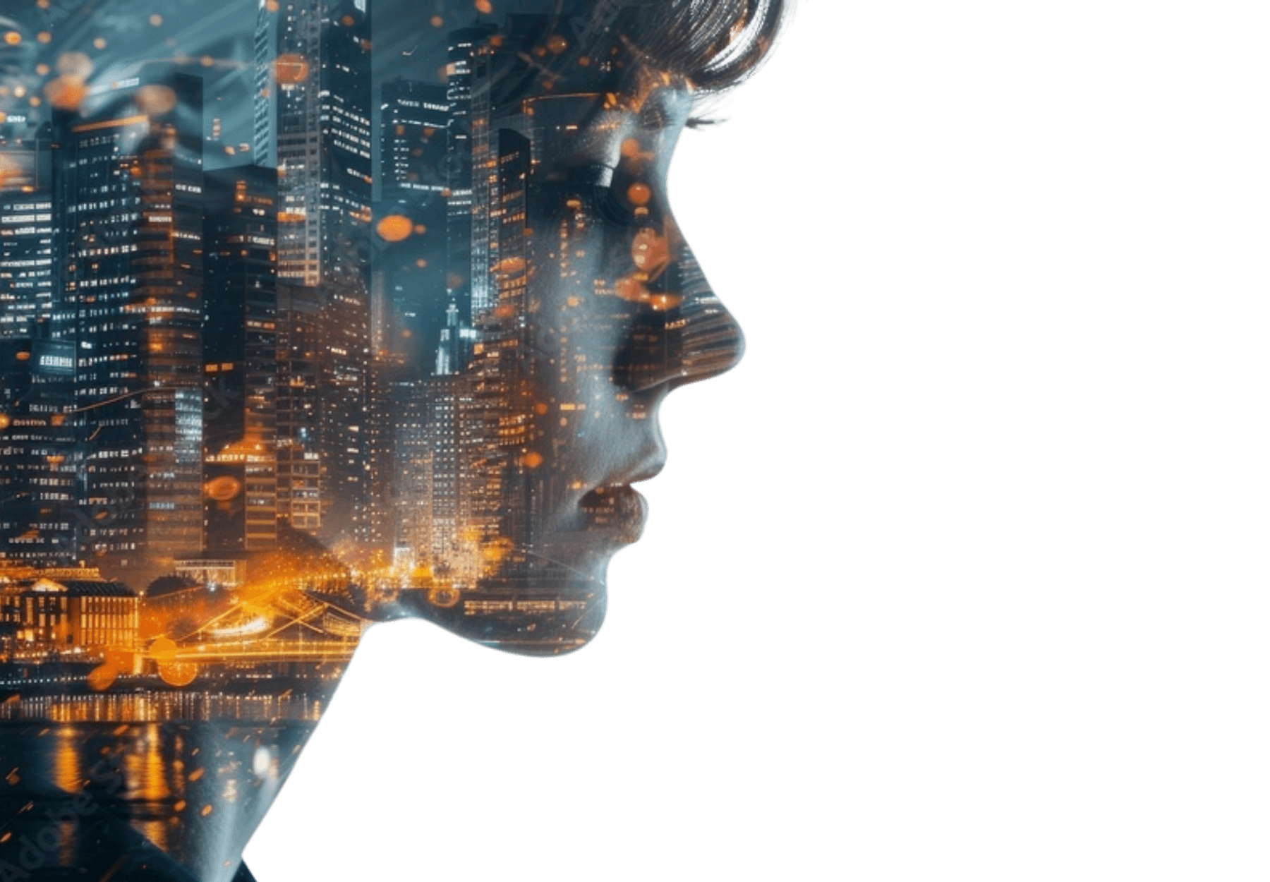Double exposure of a city skyline and an executive in profile